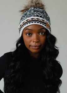 White, Black & Tan Patterned Pom Hat