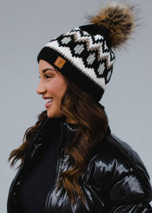 Black, White & Tan Patterned Pom Hat