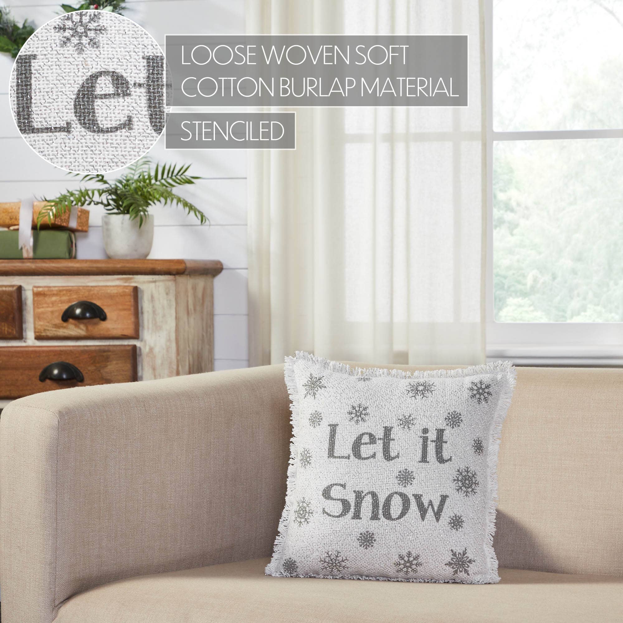 Yuletide Burlap Antique White Snowflake Let It Snow Pillow 12"x12"