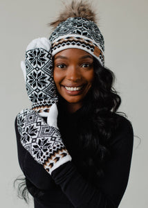 White, Black & Tan Patterned Pom Hat