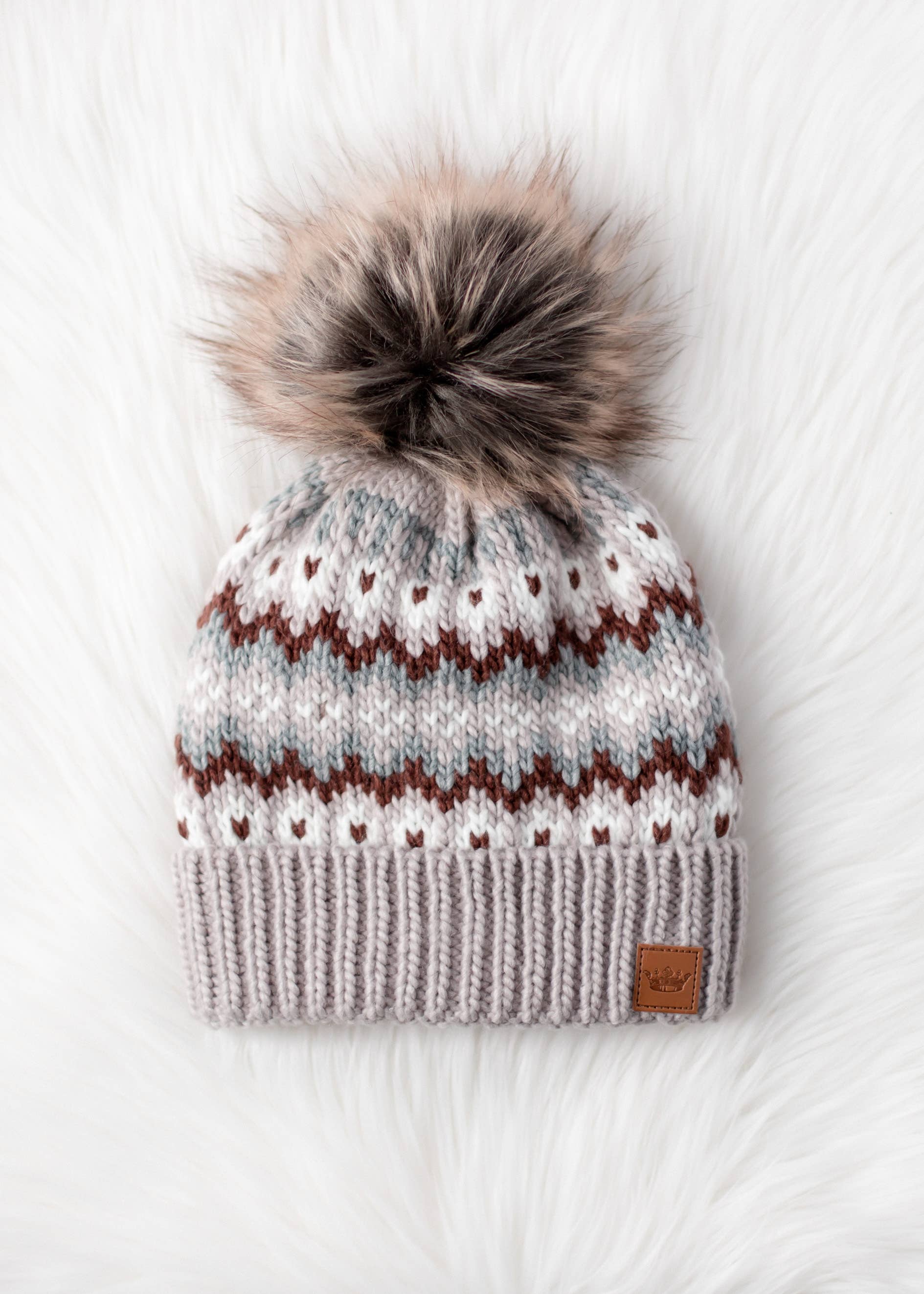 Taupe, Brown & White Winter Pattern Pom Hat