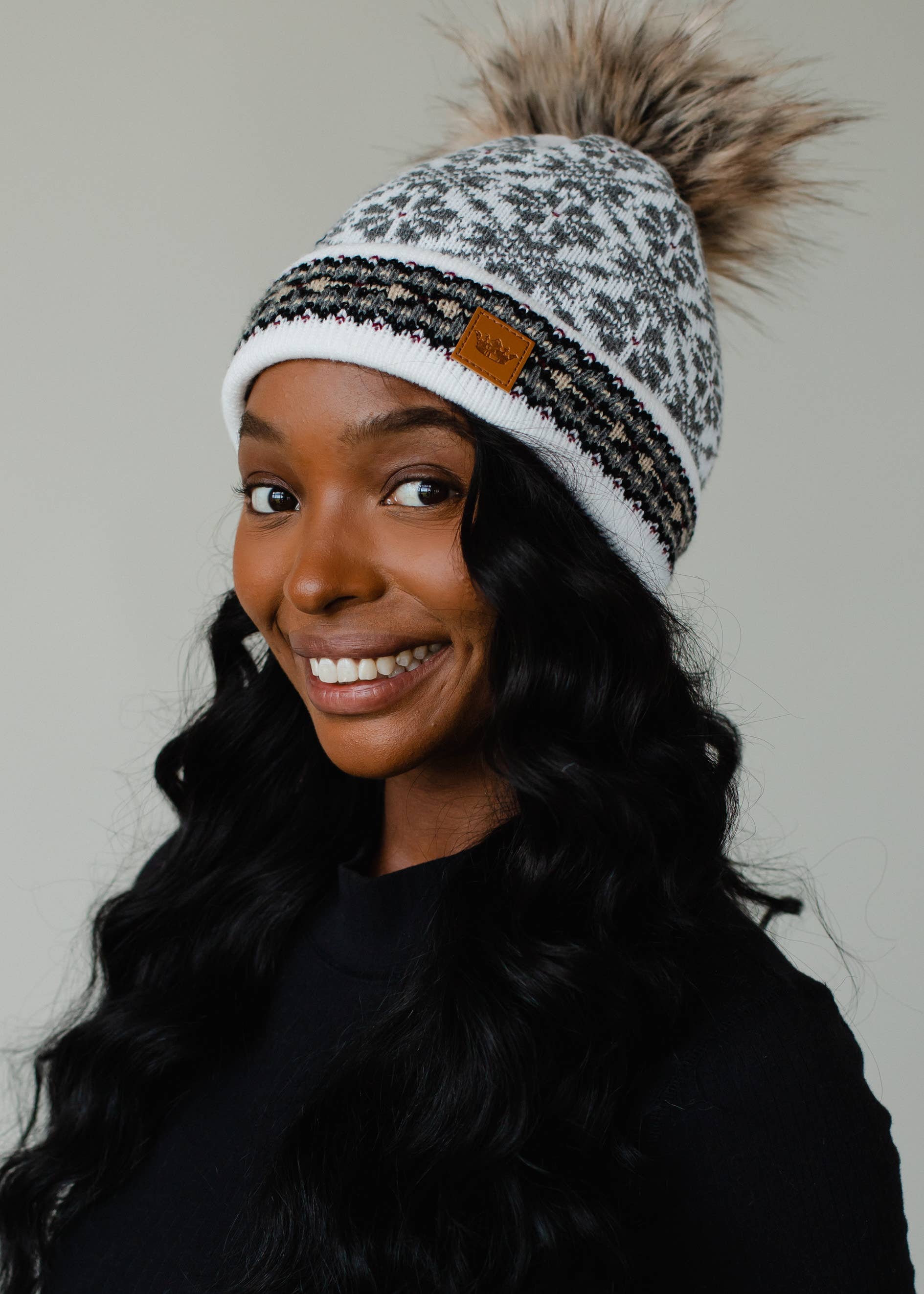 White, Gray & Burgundy Patterned Pom Hat