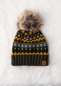 Olive & Multicolored Patterned Pom Hat