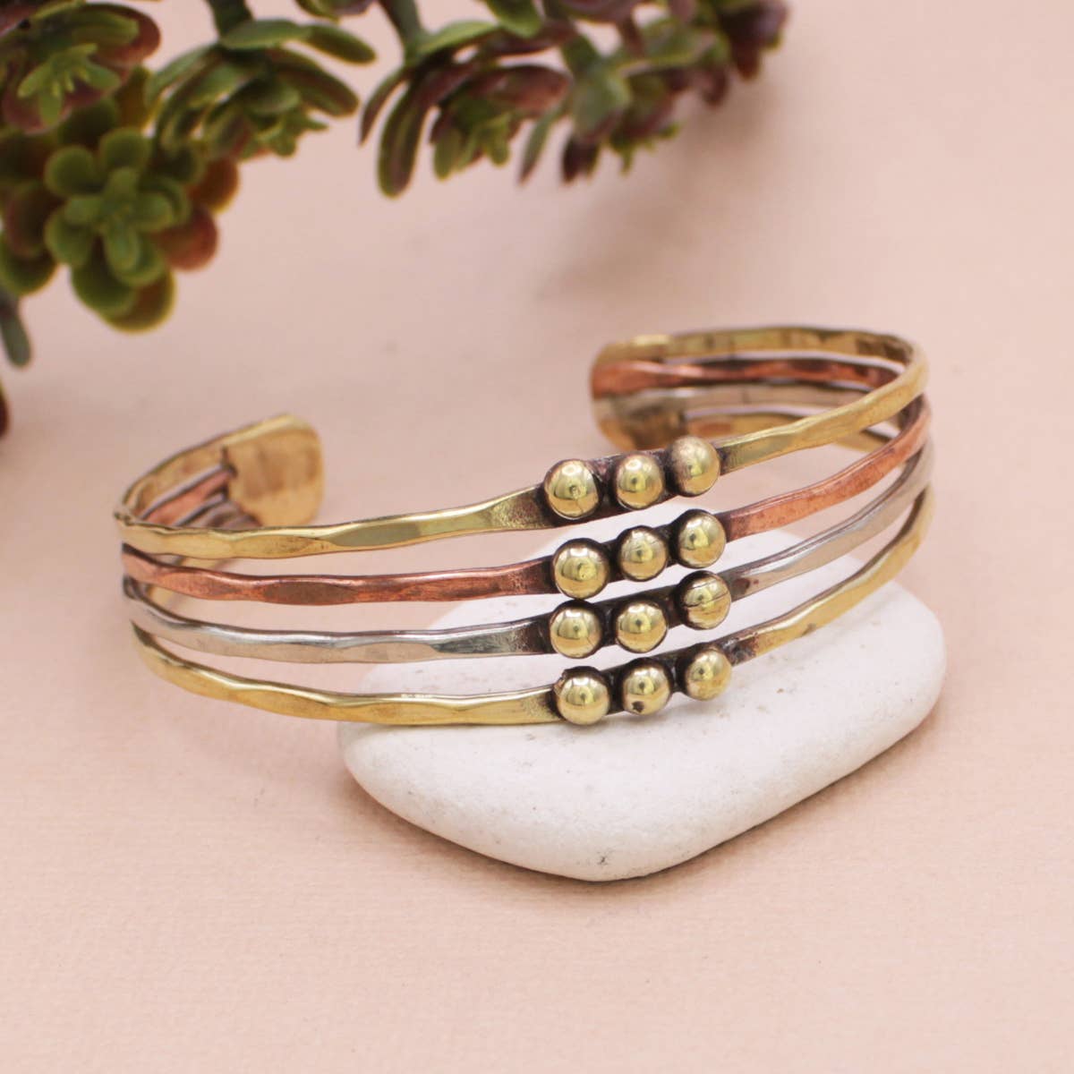 Mixed Metal Hammered Dotted Cuff Bracelet